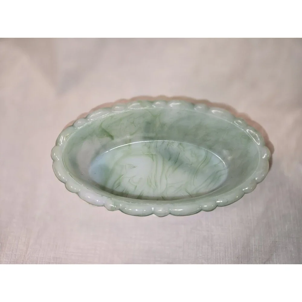 Vintage Akro Agate Green Slag Glass Dish Planter